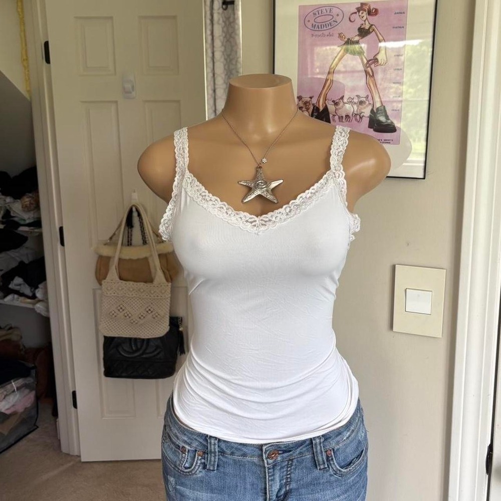 Y2K 2000s coquette White Lace Trim Tank Top